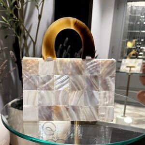 Chic Mother of Pearl Clutch with Brown Handle